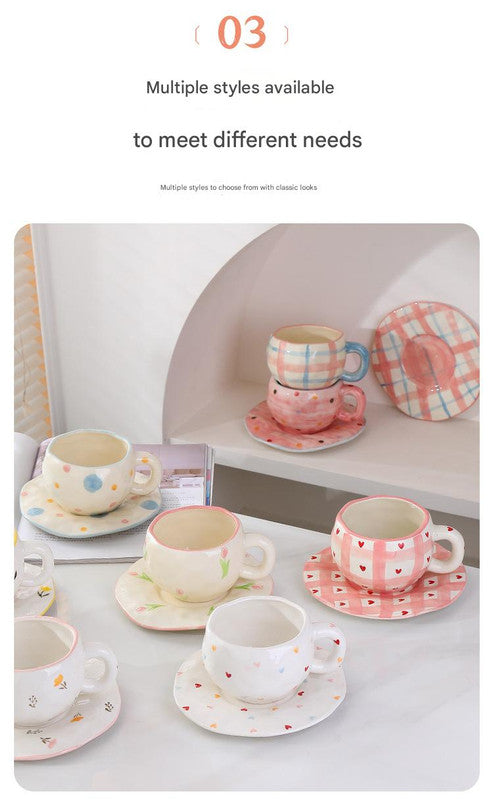 Hand-Painted Ceramic Coffee Cup and Saucer Set - Vintage Afternoon Tea(Red small florals)