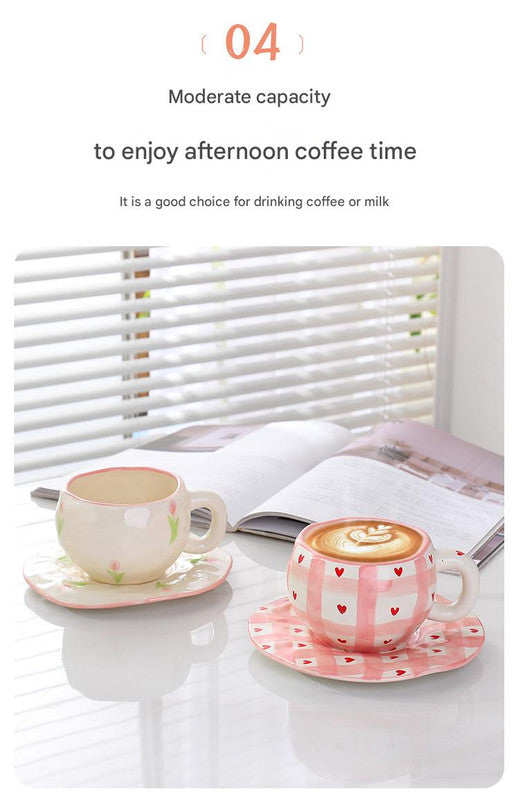 Hand-Painted Ceramic Coffee Cup and Saucer Set - Vintage Afternoon Tea(Red small florals)