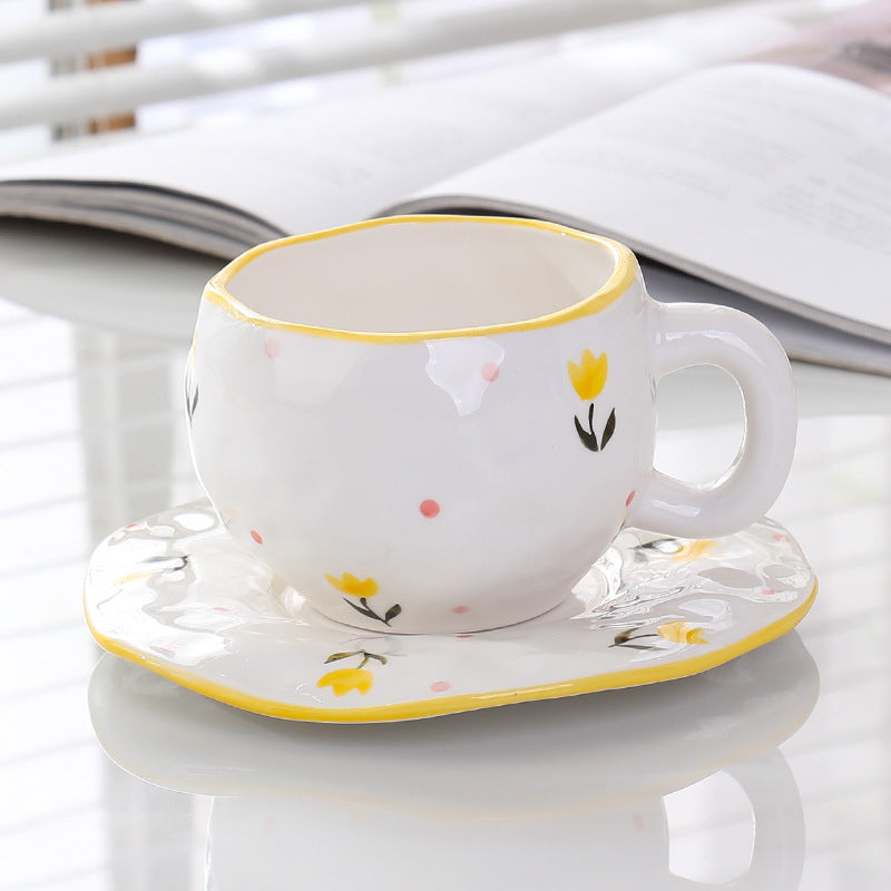 Hand-Painted Ceramic Coffee Cup and Saucer Set - Vintage Afternoon Tea(Small yellow flowers)