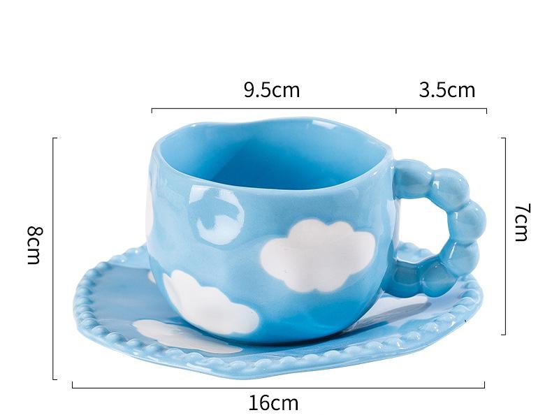 Hand-Painted Ceramic Coffee Mug and Saucer Set - Whimsical Afternoon Tea Cup with Spoon(Blue sky and white clouds)