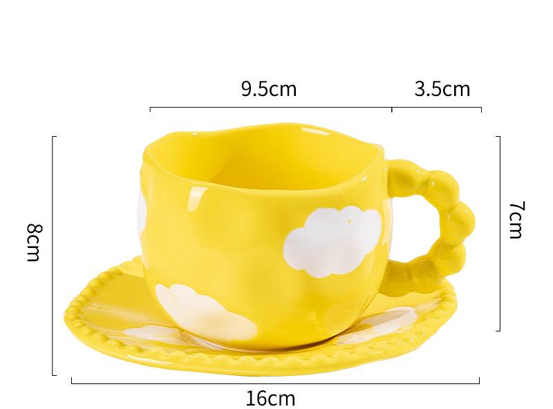 Hand-Painted Ceramic Coffee Mug and Saucer Set - Whimsical Afternoon Tea Cup with Spoon(White cloud-yellow)