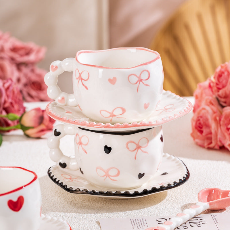 Hand-Painted Ceramic Coffee Mug and Saucer Set - Whimsical Afternoon Tea Cup with Spoon(White cloud-yellow)