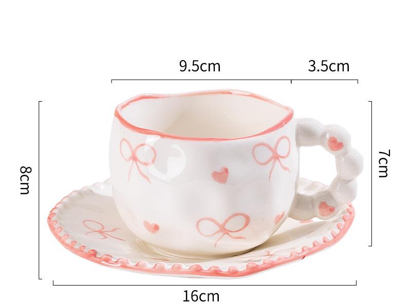 Hand-Painted Ceramic Coffee Mug and Saucer Set - Whimsical Afternoon Tea Cup with Spoon(Pink-edged bow)
