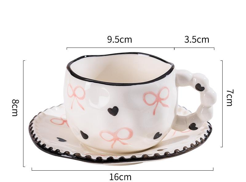 Hand-Painted Ceramic Coffee Mug and Saucer Set - Whimsical Afternoon Tea Cup with Spoon(Black-edged bow)