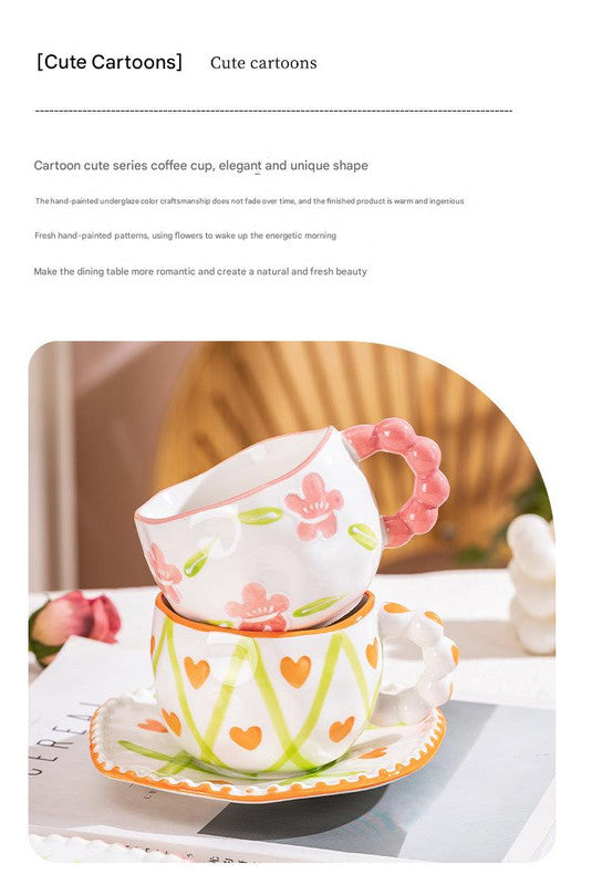 Hand-Painted Ceramic Coffee Mug and Saucer Set - Whimsical Afternoon Tea Cup with Spoon(Smiley pink flower)