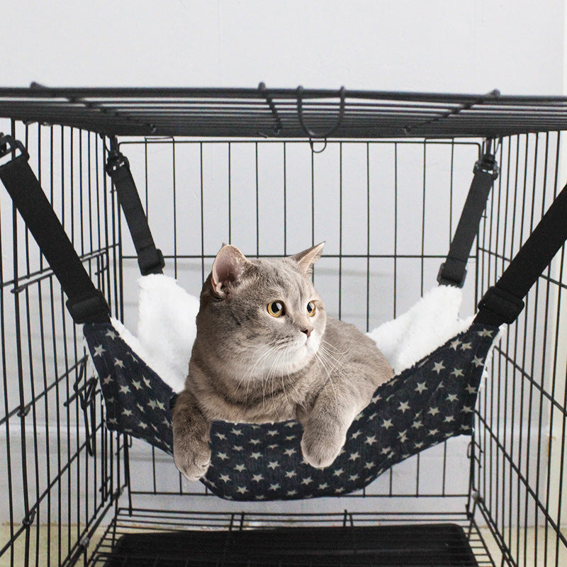 Cat Cage Hammock - Adjustable Double-Sided Pet Swing Bed with Hooks(Blue star)