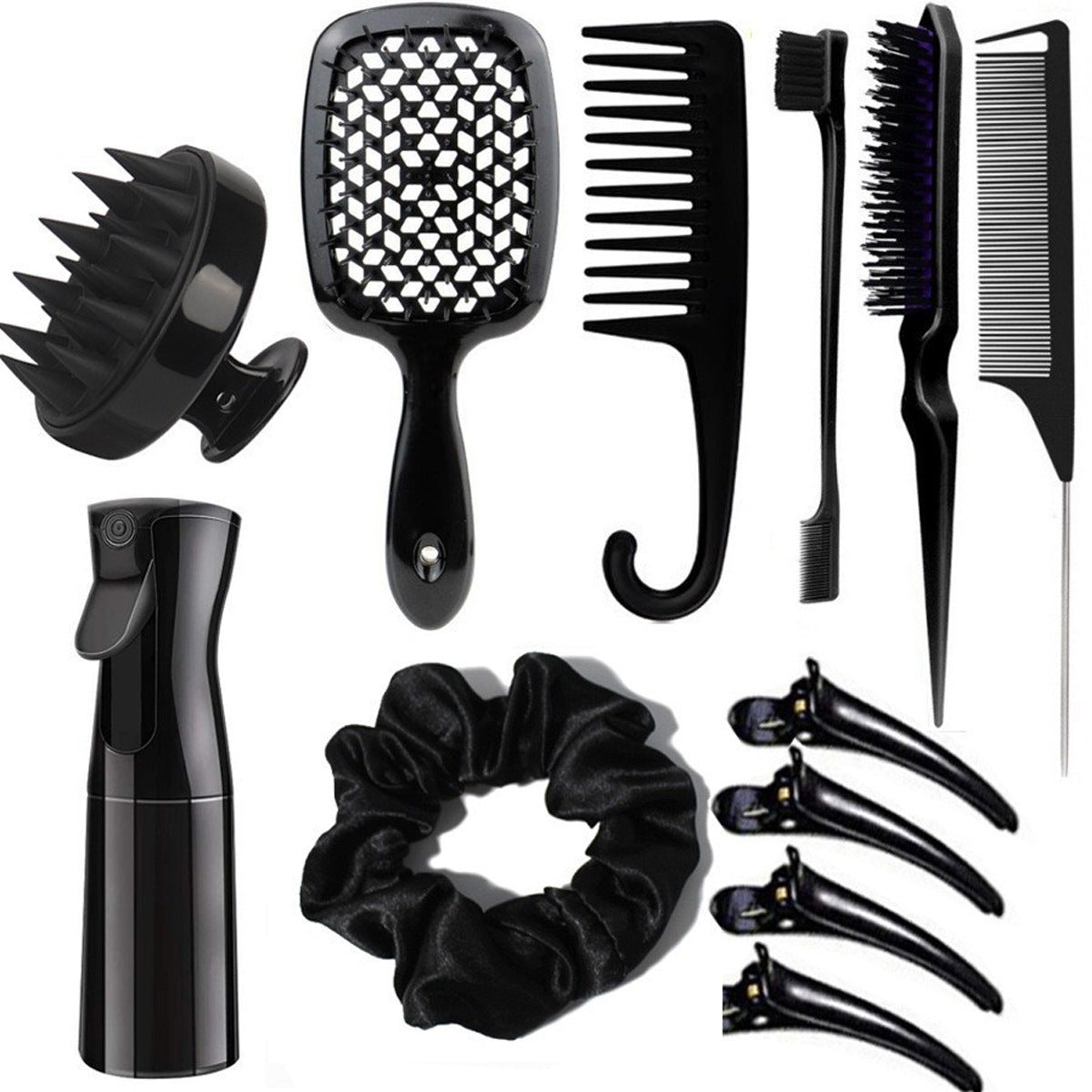 Complete Hair Styling Kit with Detangling Brushes, Combs, Spray Bottle, and Accessories(black)