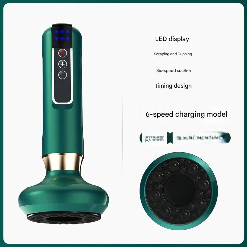 Rechargeable 6-Level Electric Cupping &amp; Gua Sha Massager with LED Display &amp; Magnetic Therapy Head(green)