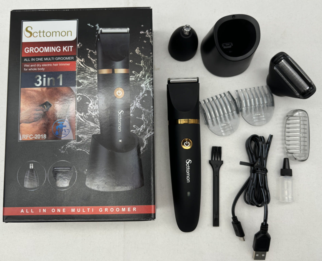 3-in-1 Men's Electric Body Groomer &amp; Hair Clipper Kit - Waterproof, USB-C Rechargeable with Charging Dock(black)