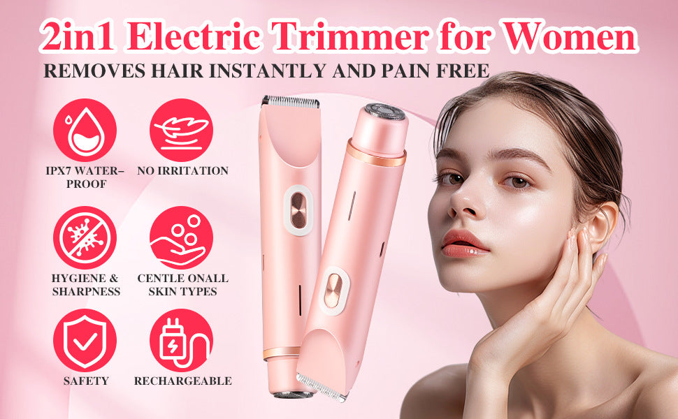 2-in-1 Ladies Electric Shaver & Trimmer - IPX7 Waterproof, USB-C Rechargeable, Dual Head Design(pink)
