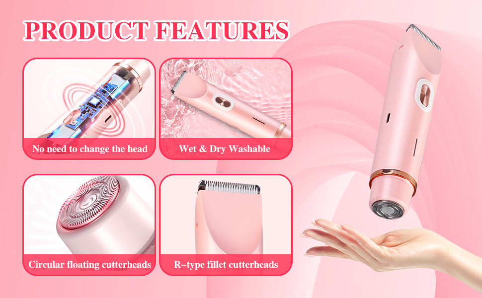 2-in-1 Ladies Electric Shaver & Trimmer - IPX7 Waterproof, USB-C Rechargeable, Dual Head Design(pink)