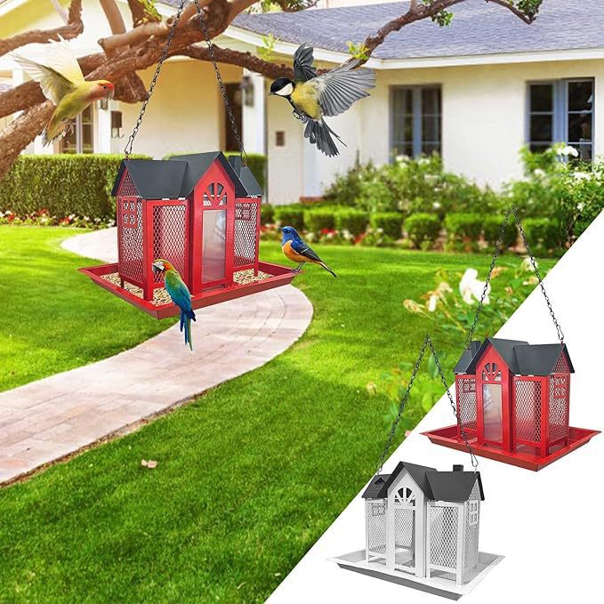 Charming House-Shaped Hanging Bird Feeder - Durable Metal Design for Wild Birds(red)