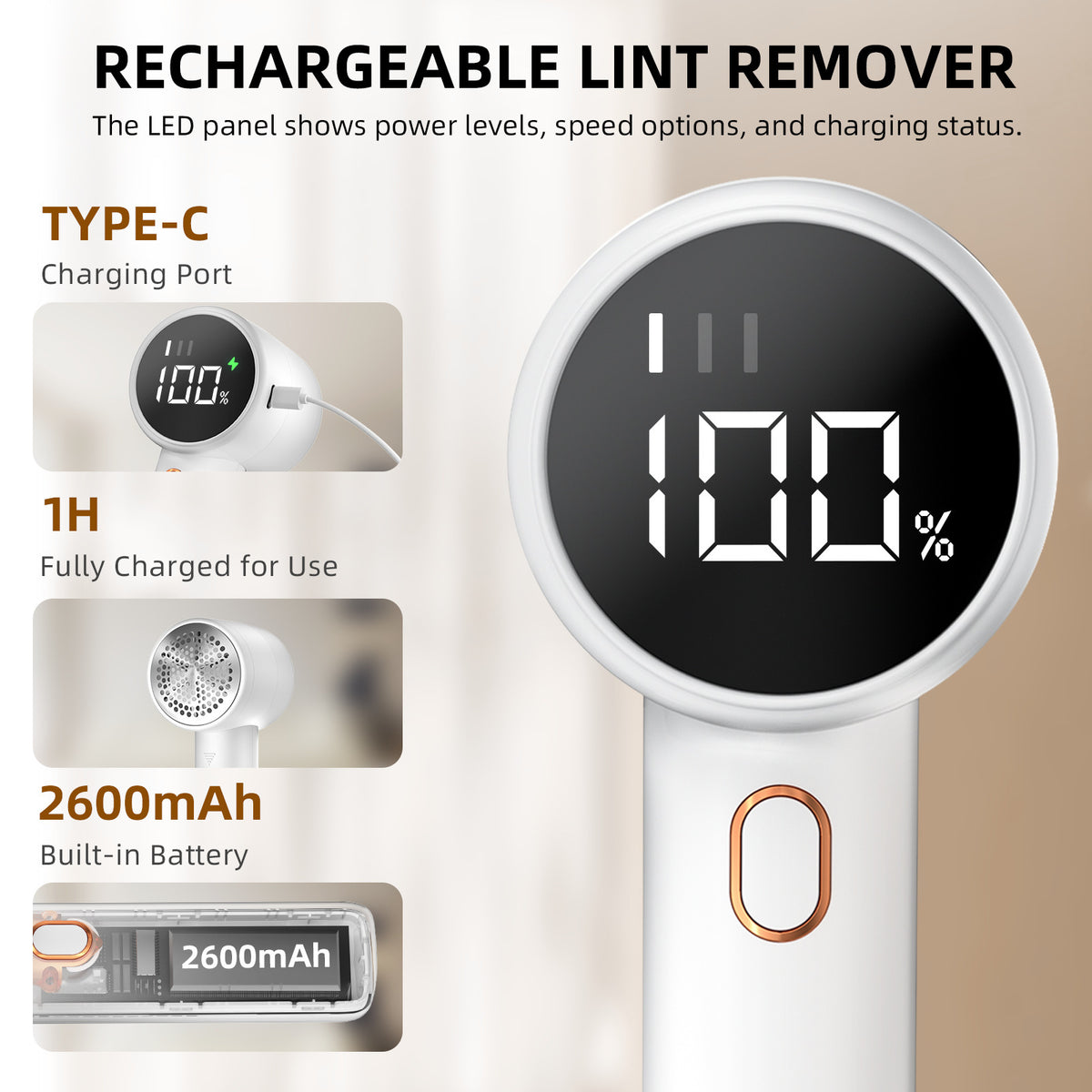 Rechargeable Electric Lint Remover with LED Display - 3 Speed Levels, USB-C Charging, 2600mAh Battery(black)