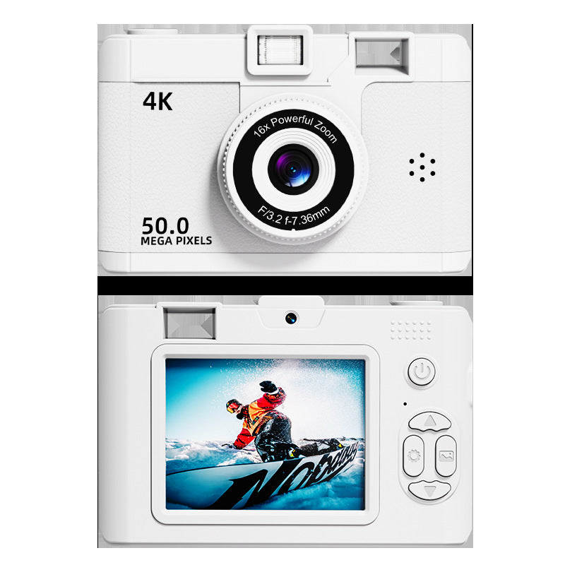 Compact 4K Digital Camera - 50MP, 16x Zoom, 2.4-inch IPS Screen, WiFi &amp; Fill Light - Retro CCD Style(White)