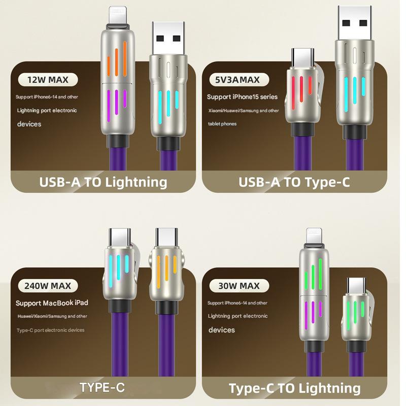 Universal PD Fast Charging Cable with LED Indicator - Zinc Alloy, Durable 1.5m Silicone Cord - Multiple Connector Options(Black)
