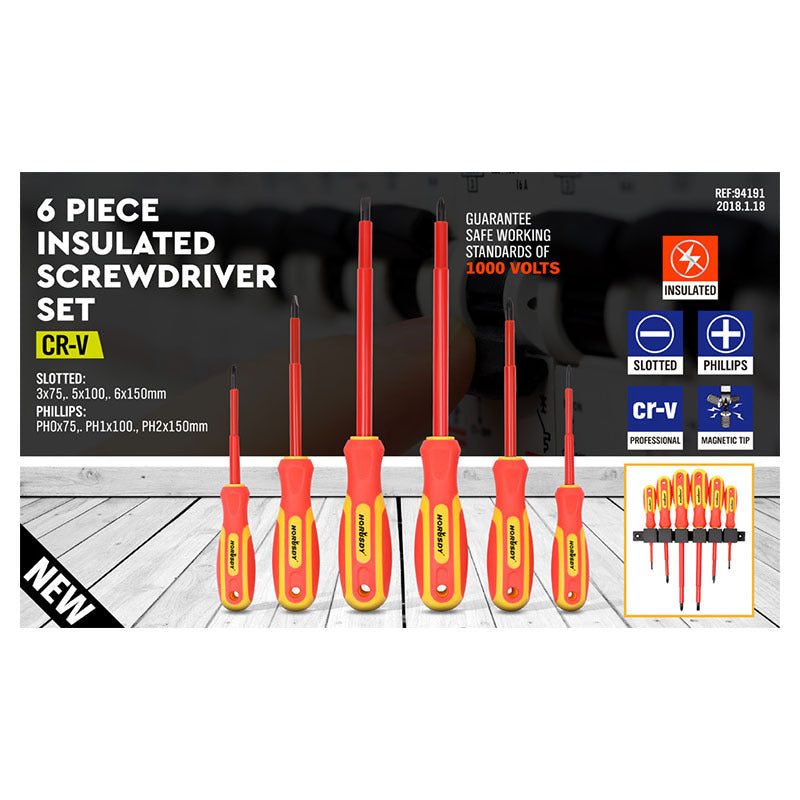 6-Piece Insulated Screwdriver Set - 1000V Rated, CR-V Steel with Magnetic Tips &amp; Wall Rack