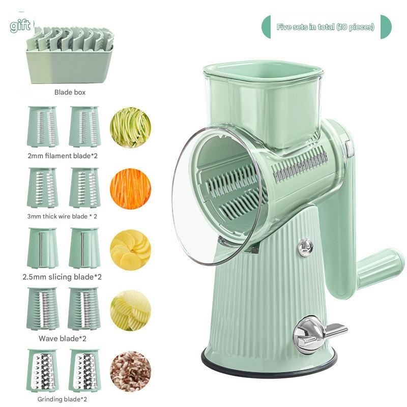 Multi-Function Rotary Vegetable Slicer &amp; Grater - 5 Blade Types (10 Pcs Total) with Storage Box-green