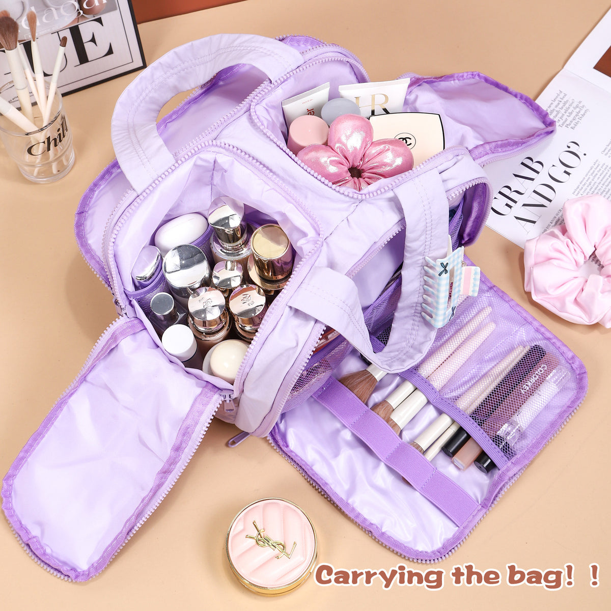 Portable Multi-Compartment Travel Toiletry &amp; Makeup Organizer Bag with Brush Holders(Light purple)