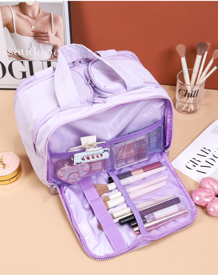 Portable Multi-Compartment Travel Toiletry & Makeup Organizer Bag with Brush Holders(Light purple)