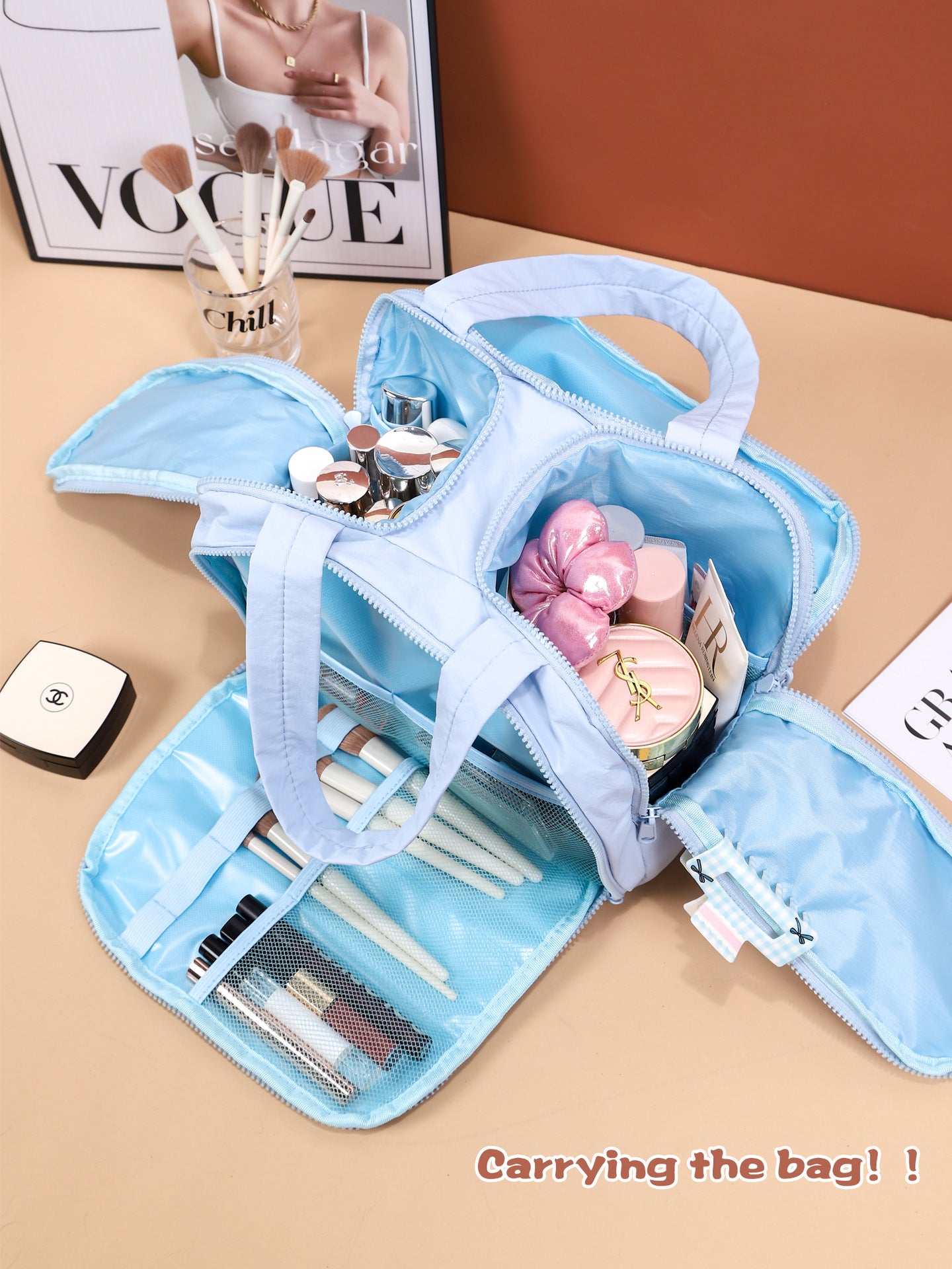 Portable Multi-Compartment Travel Toiletry & Makeup Organizer Bag with Brush Holders(Yellow)