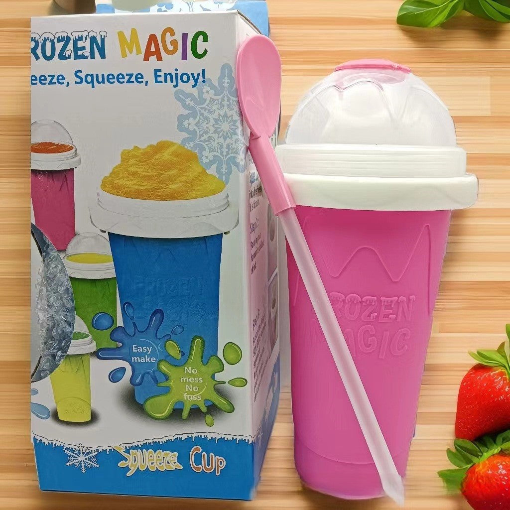 DIY Frozen Magic Slushy Maker Cup - Quick Squeeze Smoothie Cup with Lid &amp; Straw/Spoon(Rose Red)