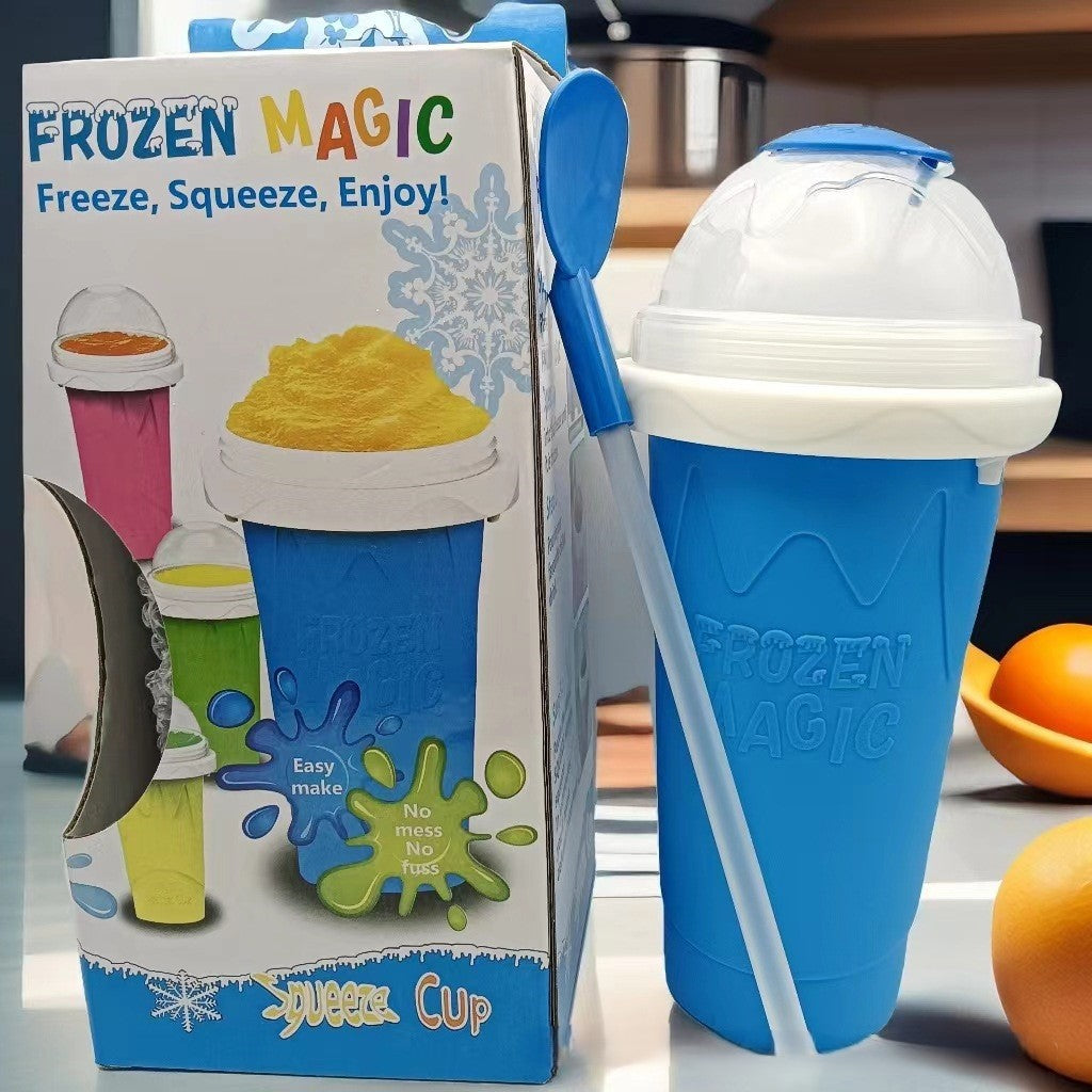 DIY Frozen Magic Slushy Maker Cup - Quick Squeeze Smoothie Cup with Lid &amp; Straw/Spoon(Blue)