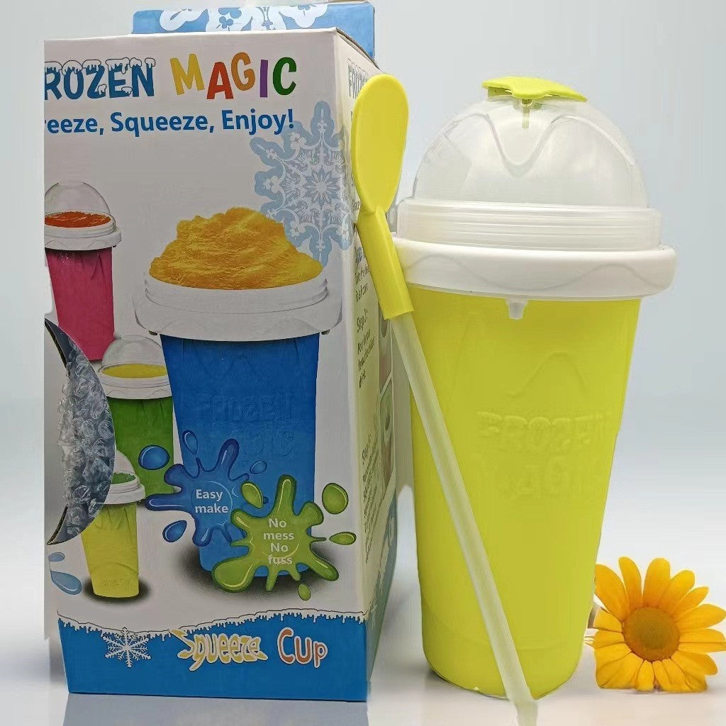 DIY Frozen Magic Slushy Maker Cup - Quick Squeeze Smoothie Cup with Lid &amp; Straw/Spoon(Yellow)