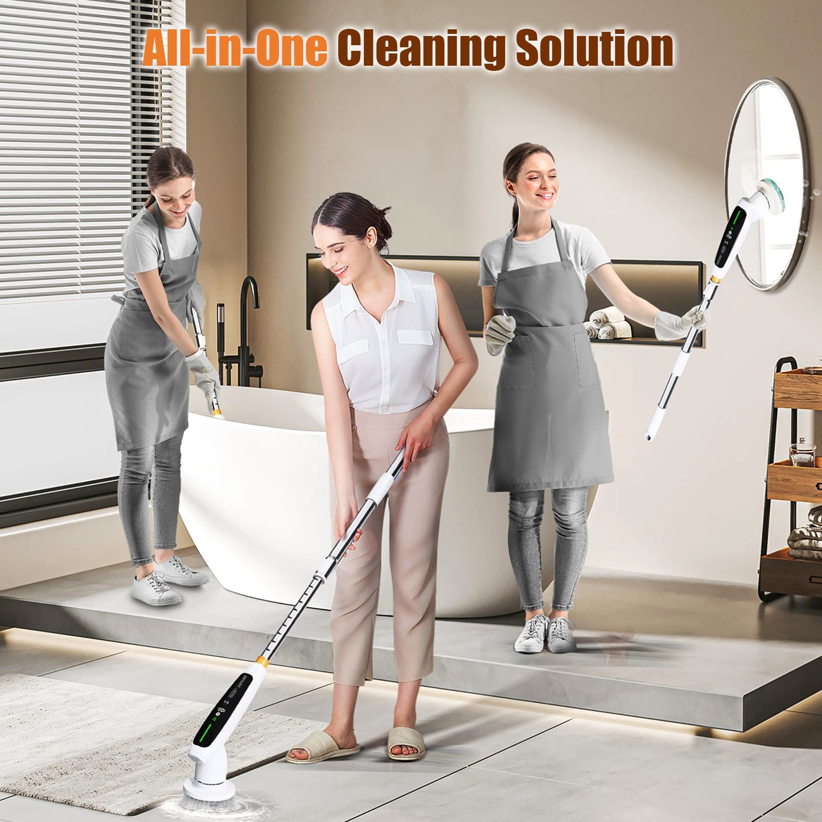 Electric Spin Scrubber with Adjustable Extension Handle & 8 Brush Heads - Smart LED Display