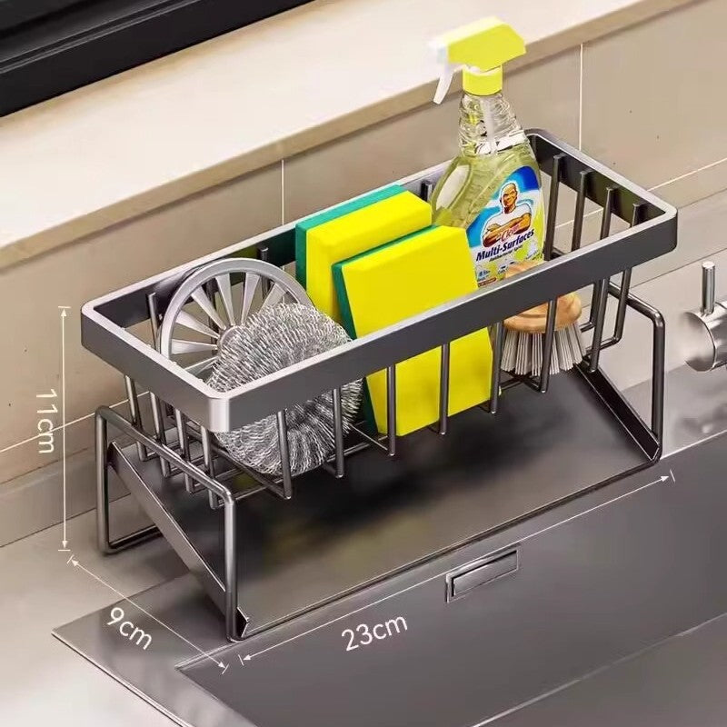 Kitchen Sink Caddy Organizer with Towel Bar &amp; Drain Tray - Durable Metal Sponge Holder(grey)