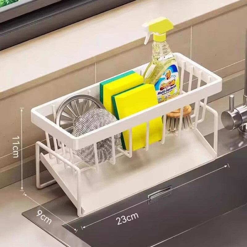 Kitchen Sink Caddy Organizer with Towel Bar &amp; Drain Tray - Durable Metal Sponge Holder(White)
