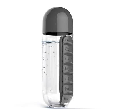 2pc 2-in-1 Water Bottle with 7-Day Pill Organizer - 600ml BPA-Free, Portable &amp; Leakproof(black)
