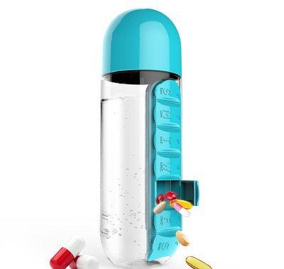 2pc 2-in-1 Water Bottle with 7-Day Pill Organizer - 600ml BPA-Free, Portable &amp; Leakproof(Blue)