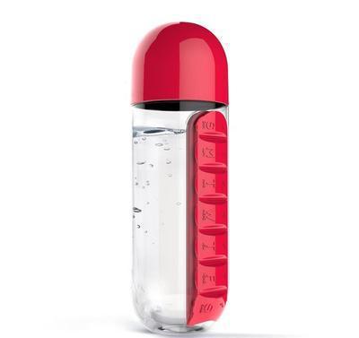 2pc 2-in-1 Water Bottle with 7-Day Pill Organizer - 600ml BPA-Free, Portable &amp; Leakproof(Red)