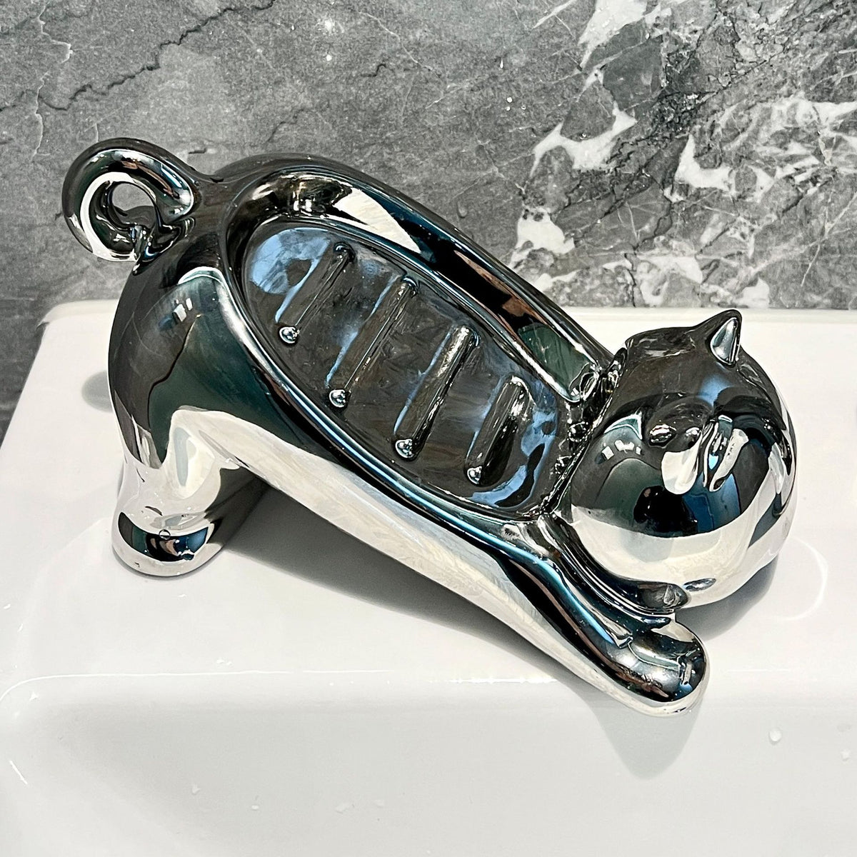 Charming Cat-Shaped Ceramic Soap Dish - Creative &amp; Versatile Home Decor Accent(Silver)