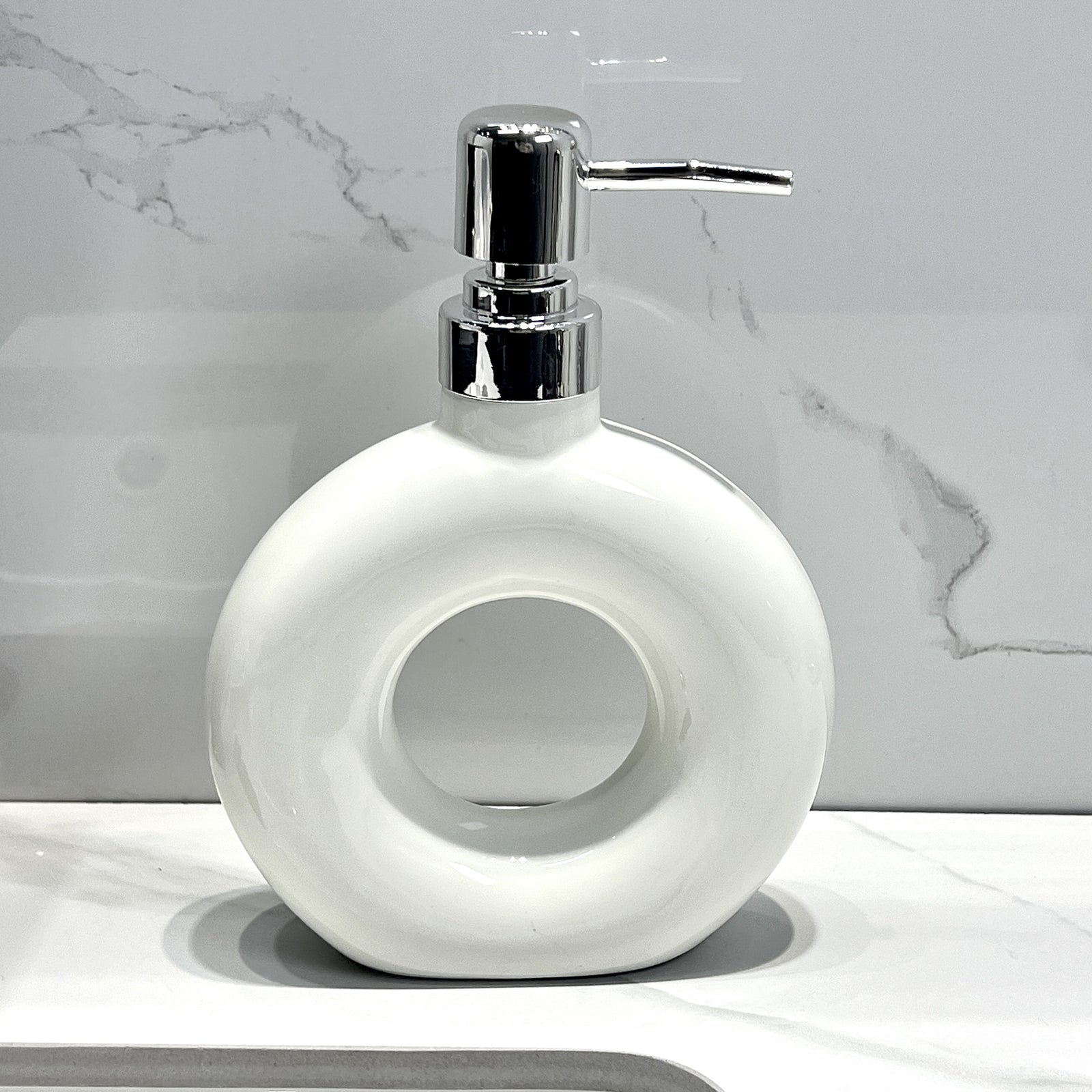 Modern Ceramic Soap & Lotion Dispenser - Unique Geometric Designs, 300ml Capacity(Donut lotion bottle milky white)