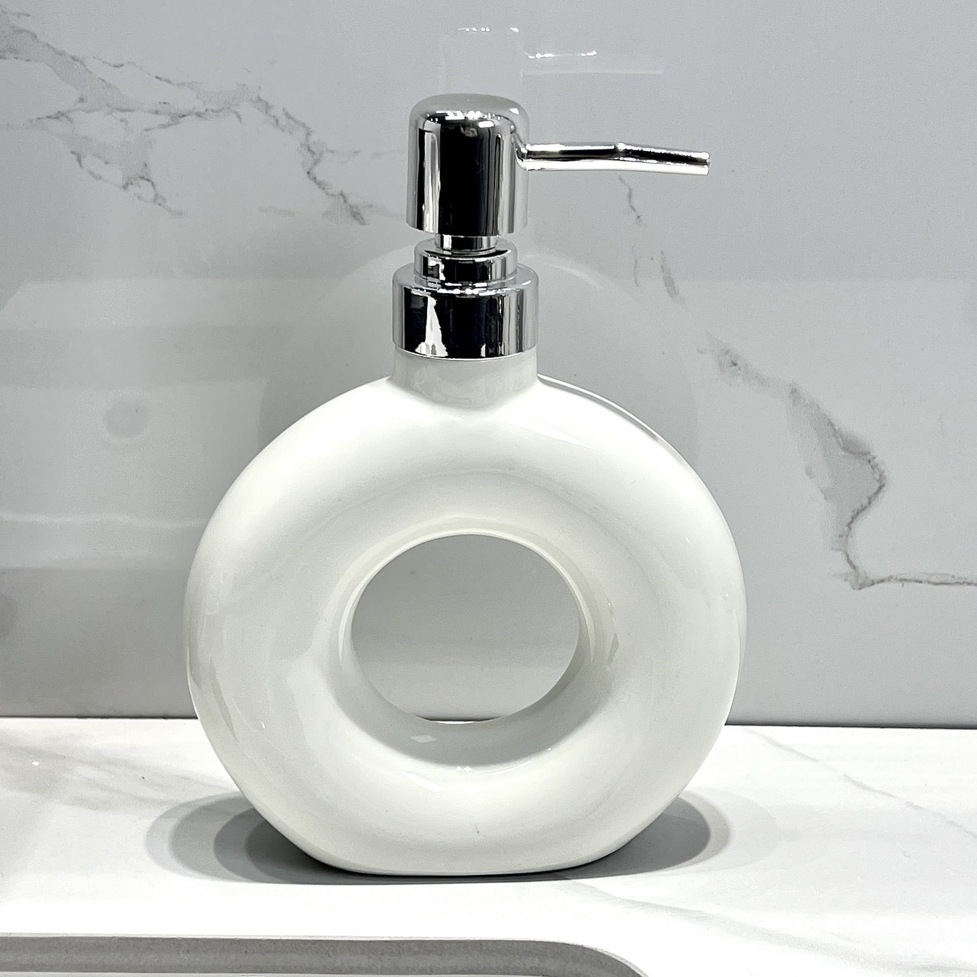 Modern Ceramic Soap & Lotion Dispenser - Unique Geometric Designs, 300ml Capacity(Donut lotion bottle milky white)