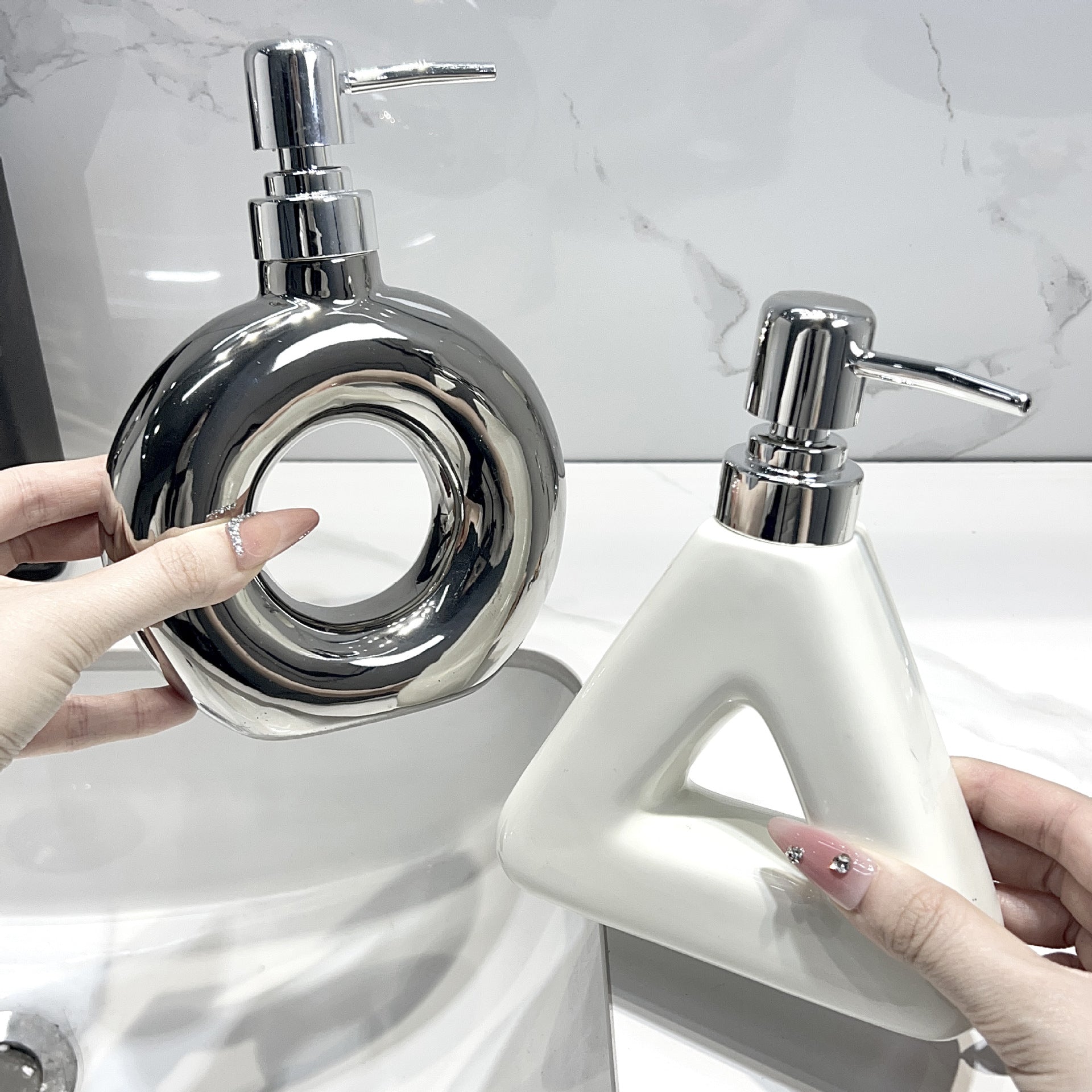 Modern Ceramic Soap & Lotion Dispenser - Unique Geometric Designs, 300ml Capacity(Triangular lotion bottle, silver)