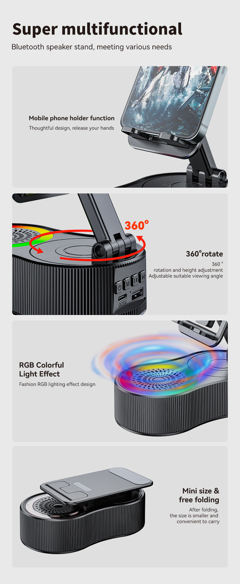 Foldable Bluetooth Speaker with 360 Rotating Phone/Tablet Stand & RGB Lights - HIFI Surround Sound(White)