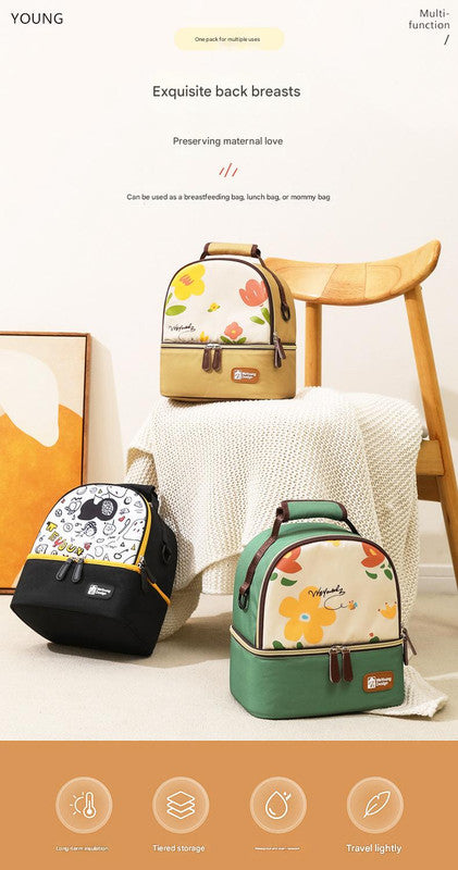 Versatile Insulated Breast Milk Cooler & Lunch Backpack - Waterproof, Multi-Carry Options(Black print)