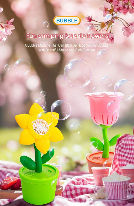 Electric Flower Bubble Machine with Music - Rechargeable, 10-Hole Output(Red)