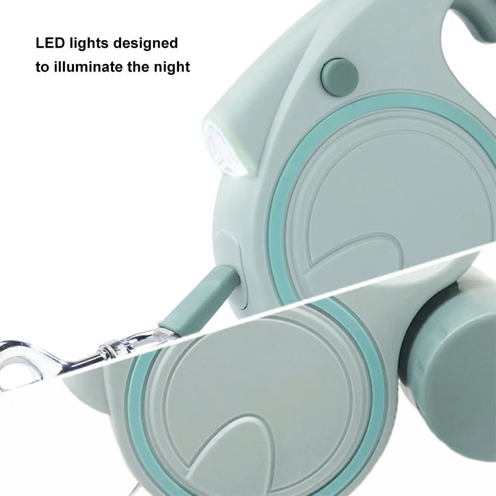 Green 3M Retractable Dog Leash - Built-in LED Light (No Batteries) and Bag Holder