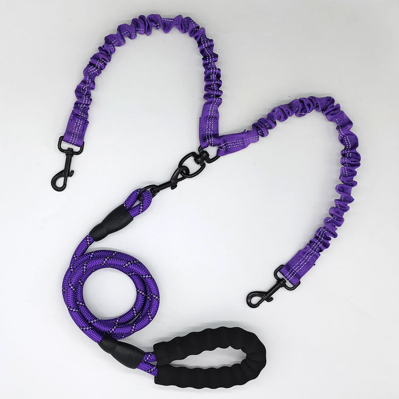 Purple Pet Double-Ended Rope + 1.5M Leash - Easy to walk two dogs, tangle-free design