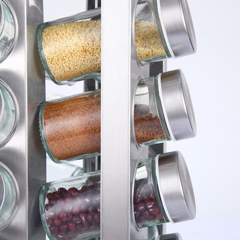 Modern stainless steel square spice revolving rack with 12 (88 ml each) empty glass jars