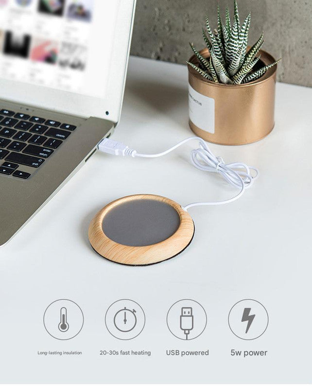 USB Cup Warmer - Dark Wood Grain Electric Beverage Warmer for Desk, Office and Home
