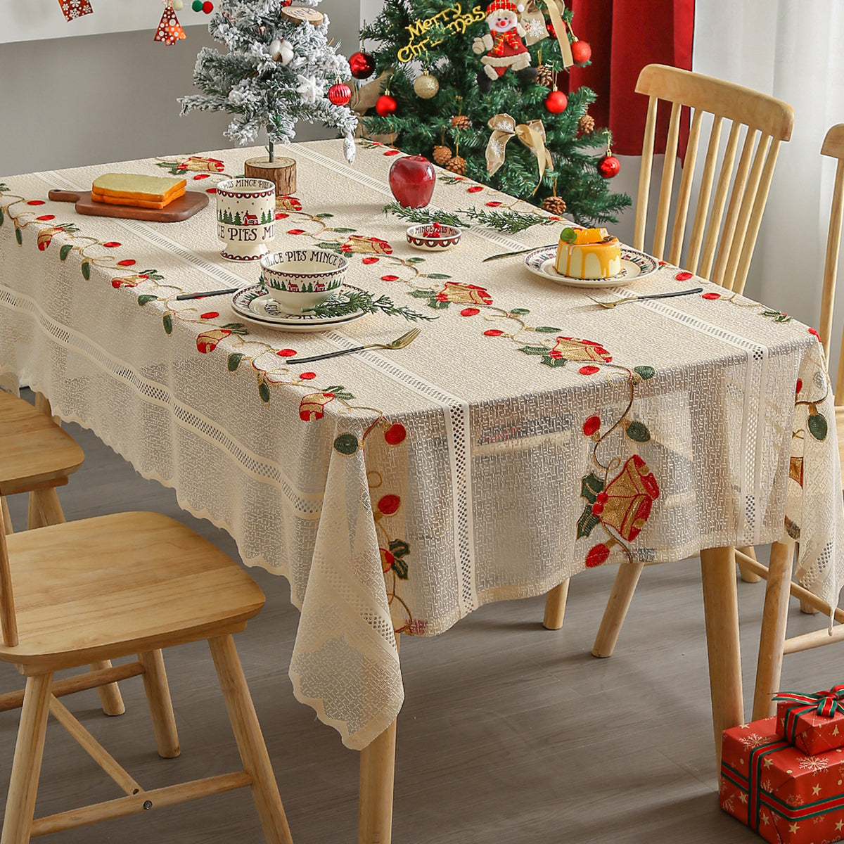 Embroidered Christmas Tablecloth - Embroidered Bells &amp; Holly Design (140*240cm)
