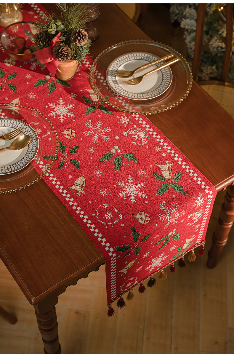 Red Christmas Table Runner with Tassels - Festive Snowflake &amp; Bell Print (35*220cm)