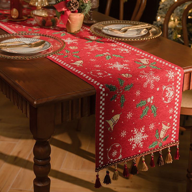 Red Christmas Table Runner with Tassels - Festive Snowflake &amp; Bell Print (35*240cm)