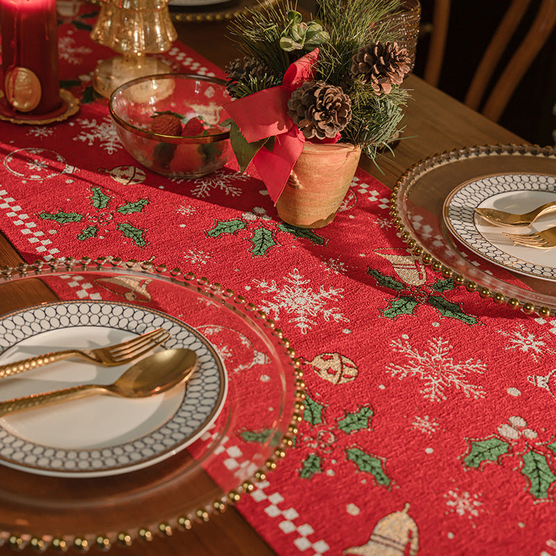 Red Christmas Table Runner with Tassels - Festive Snowflake &amp; Bell Print (35*180cm)