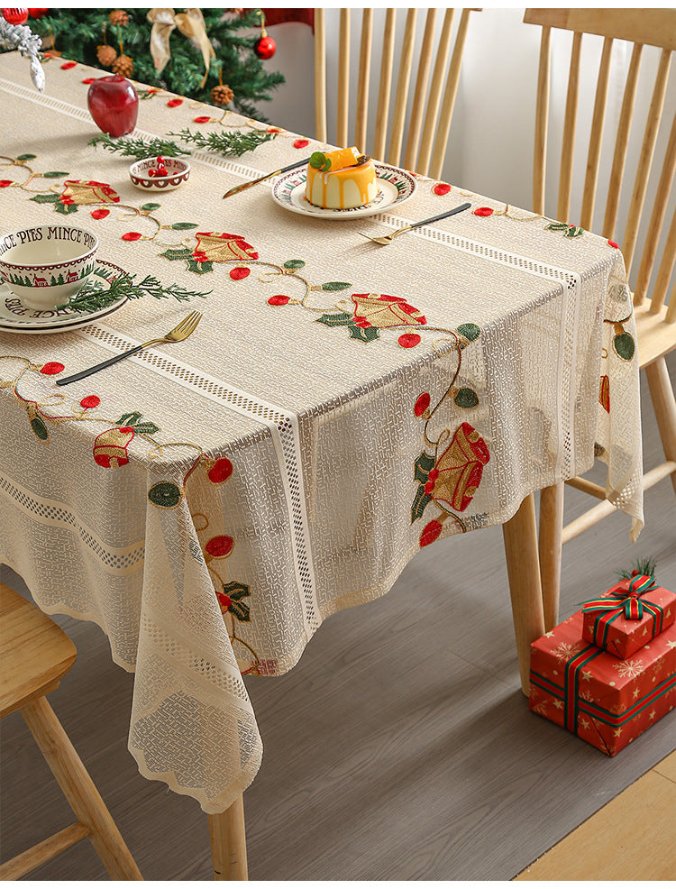 Embroidered Christmas Tablecloth - Embroidered Bells & Holly Design (140*140cm)