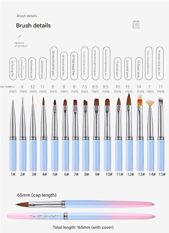 Professional Nail Art Brush Kit (15pcs) - Gradient Handles Manicure Tools